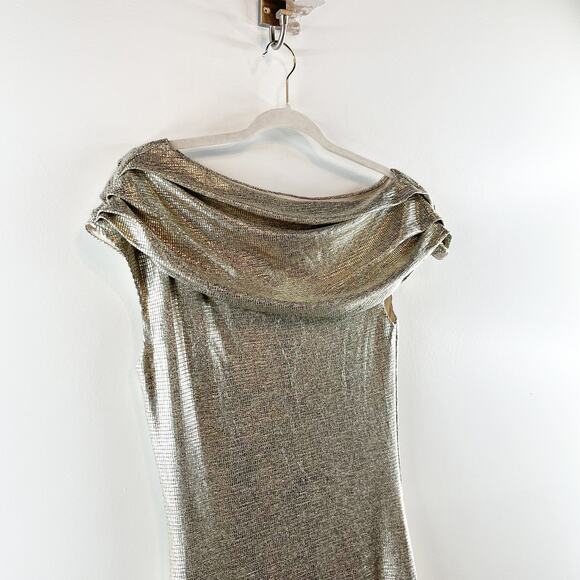 Rachel Roy Asymmetrical Off Shoulder Maxi Slit Gown Dress Gold Metallic 6 - Picture 6 of 13